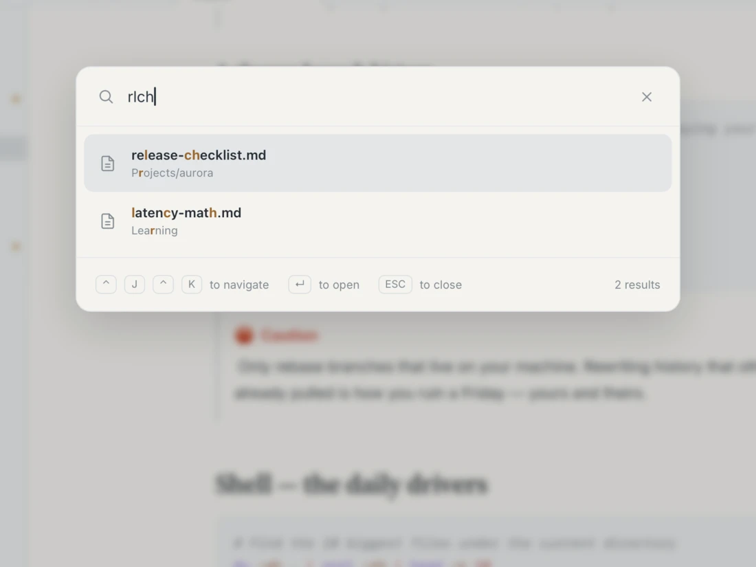 Heron's quick-open palette over a dimmed document: the query rlch has matched release-checklist.md and latency-math.md, with the matched letters highlighted and a two results count at the foot of the panel