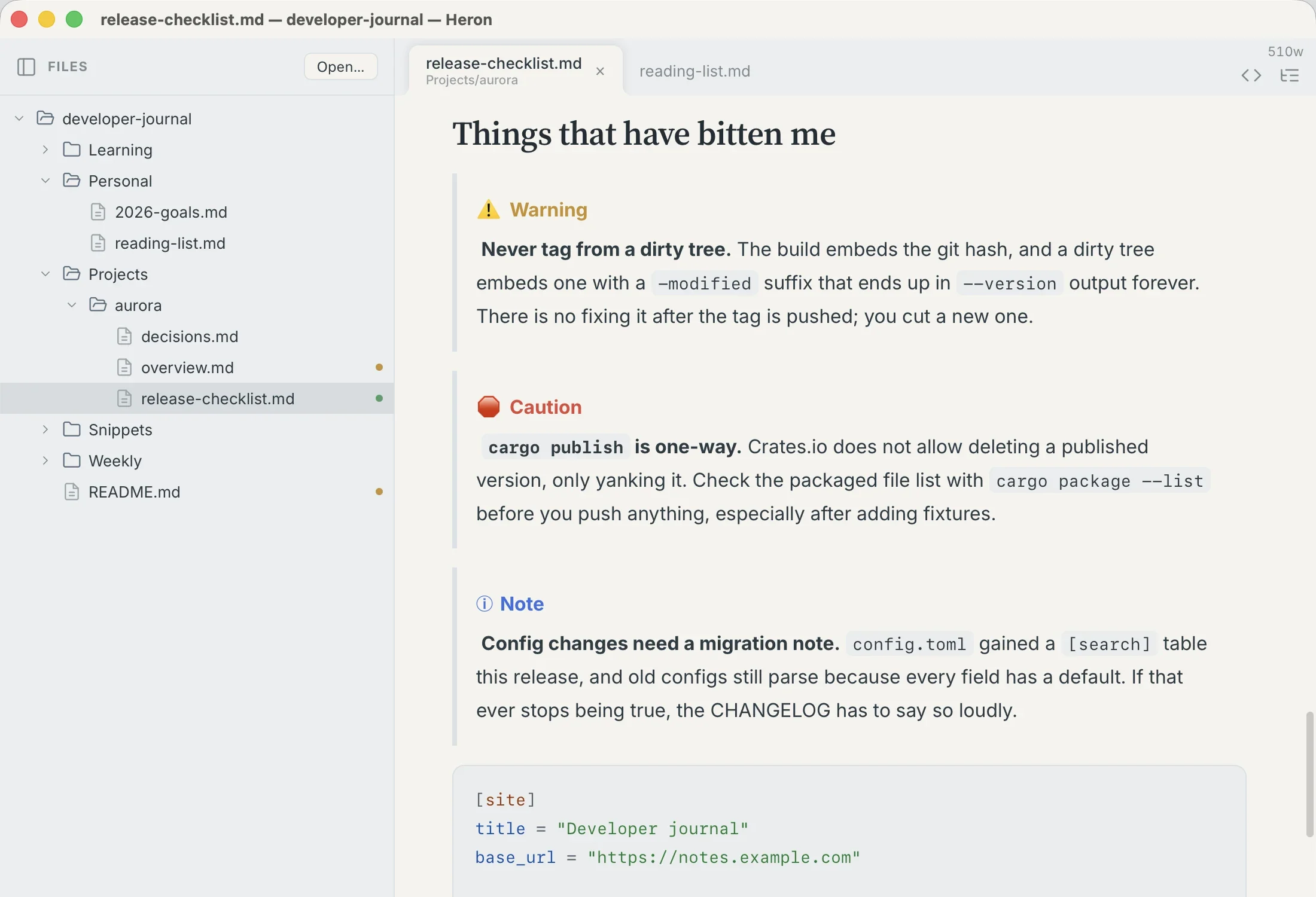Heron editing a Markdown document, with the file sidebar on the left and the rendered document being edited directly on the right