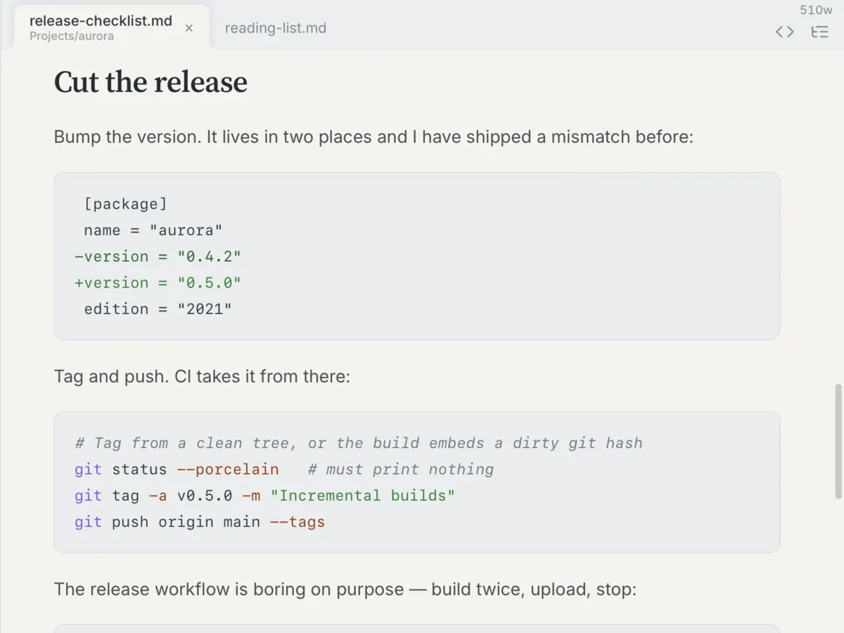 Syntax-highlighted code blocks in a Heron document: a TOML package block showing a version line removed and re-added, and a shell block running git status, git tag and git push