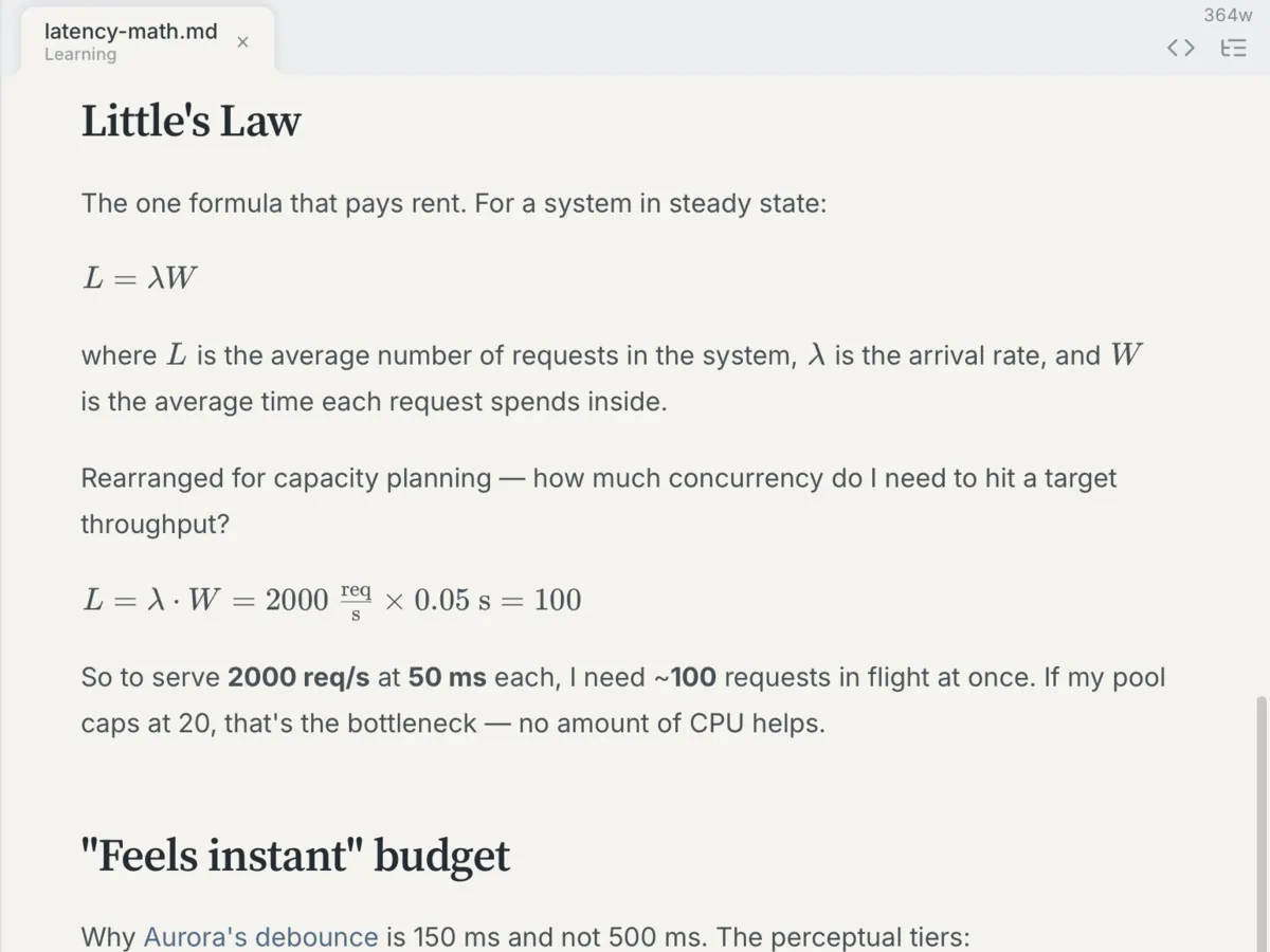 A Heron document about Little's Law showing a typeset equation on its own line, a second worked equation with units, and inline mathematical symbols inside the surrounding sentences